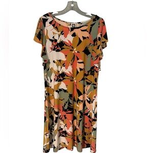 Anne Klein Dress Coral Multi Short Sleeve Scoop Neck Knee Length‎ Sz 10